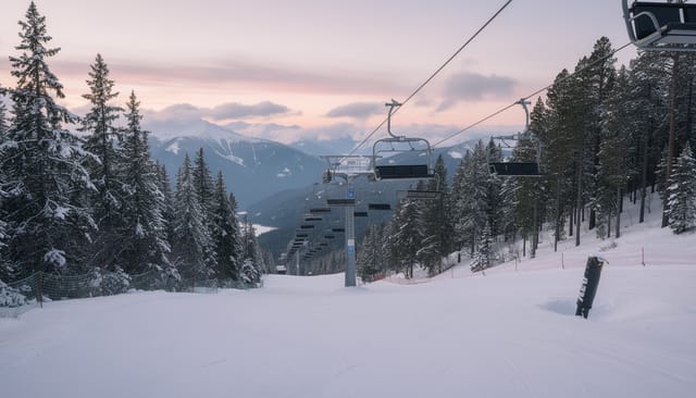 Illustration: Snow-covered mountain chairlift at first light with empty chairs