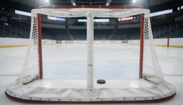 Illustration: Empty ice hockey rink under arena lights with a puck at centre ice and a net in the foreground