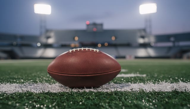 Illustration: Close view of a football resting on wet green turf near a white goal line in an empty open-air stadium at dusk