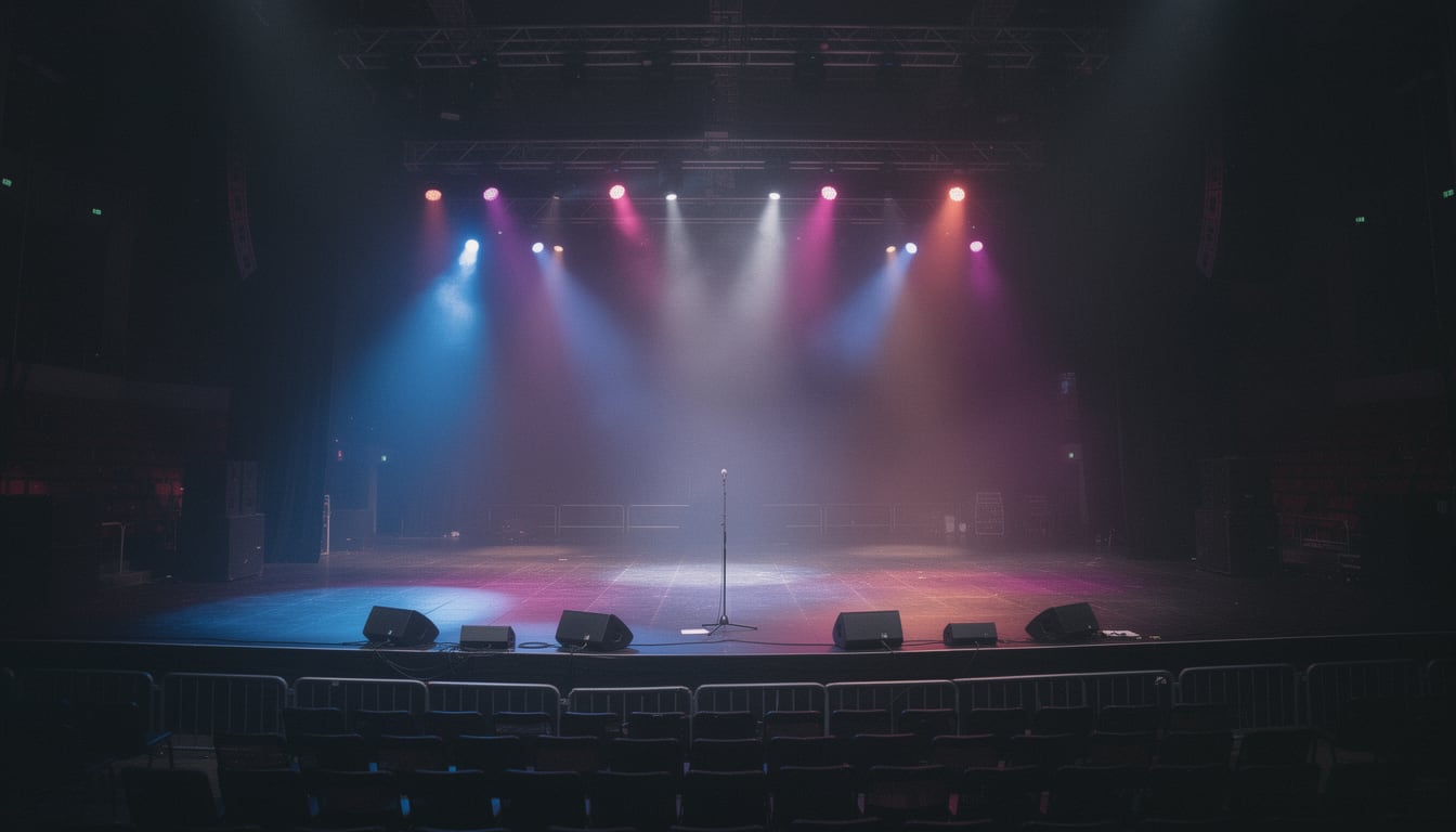 Illustration: Empty concert stage with dramatic coloured spotlights and haze over a microphone stand