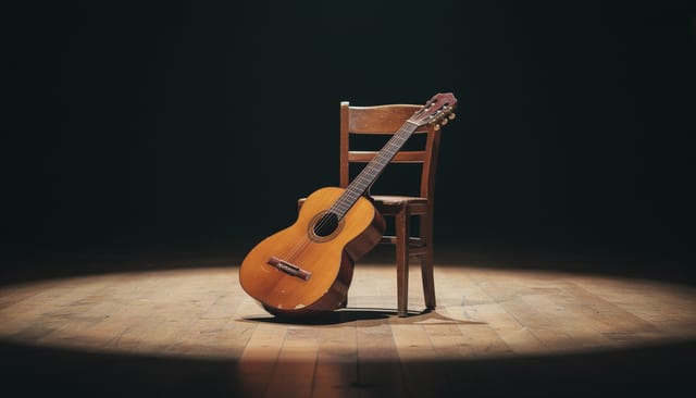 Illustration: Classical Portuguese twelve-string guitar on a wooden chair on a small stage lit by a warm spotlight