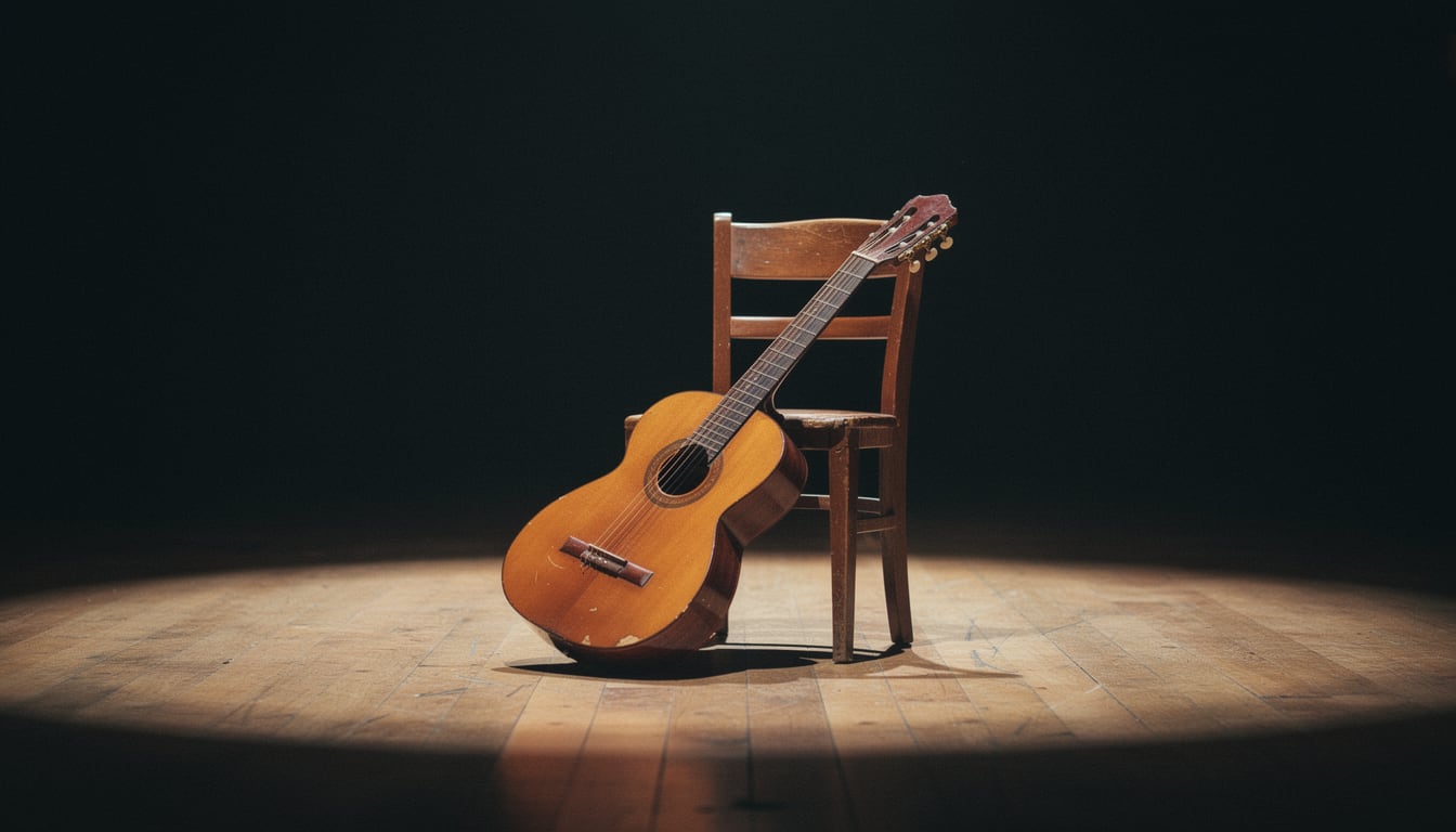 Illustration: Classical Portuguese twelve-string guitar on a wooden chair on a small stage lit by a warm spotlight