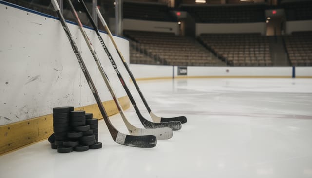 Illustration: Hockey sticks leaning against boards beside a stack of pucks on fresh ice in an empty arena
