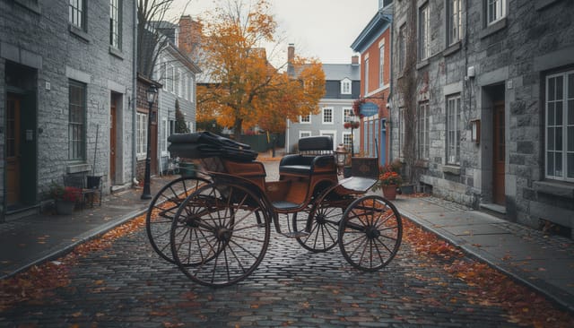 Illustration: Empty horse-drawn carriage parked on a cobblestone street in an old Quebec town with stone buildings and autumn leaves