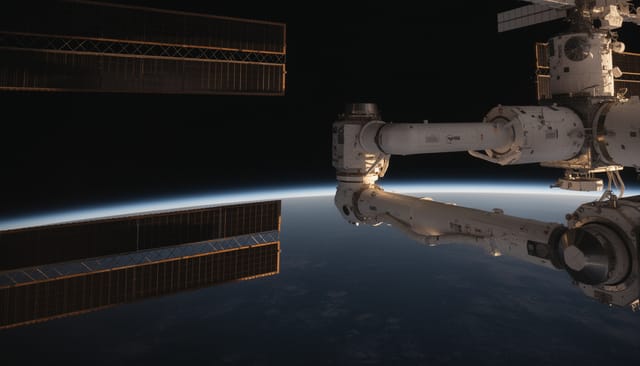 Illustration: The International Space Station's long white robotic arm extended over Earth at sunrise