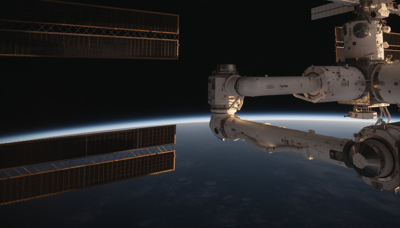Illustration: The International Space Station's long white robotic arm extended over Earth at sunrise