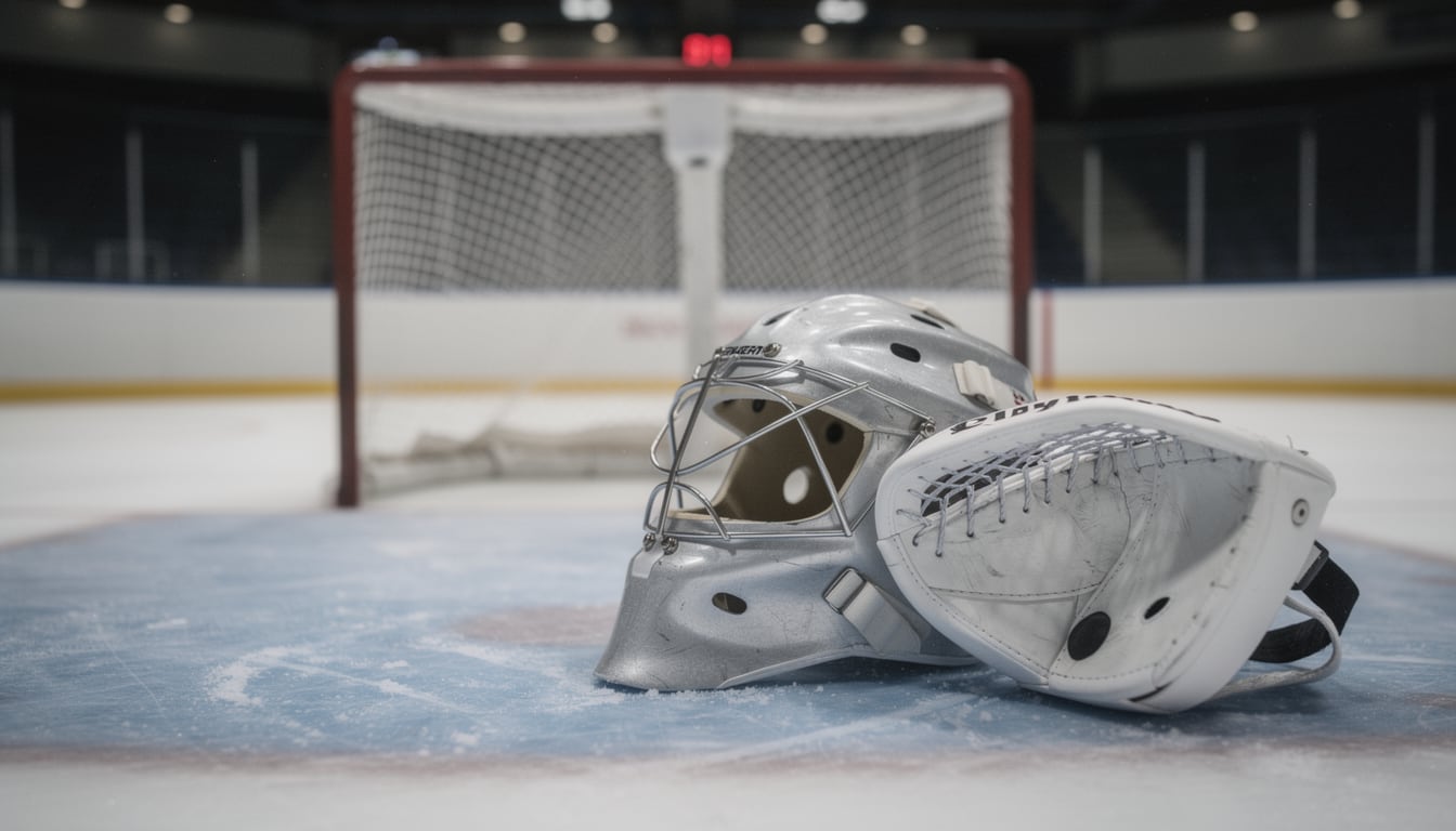Illustration: Hockey goaltender's mask and catching glove resting on the ice in front of an empty net in a dimly lit arena