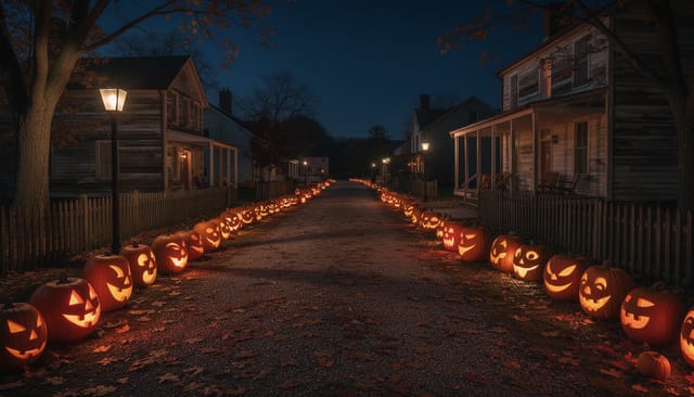 Illustration: Hundreds of glowing carved pumpkins lining a gravel path through a historic 19th-century village at night