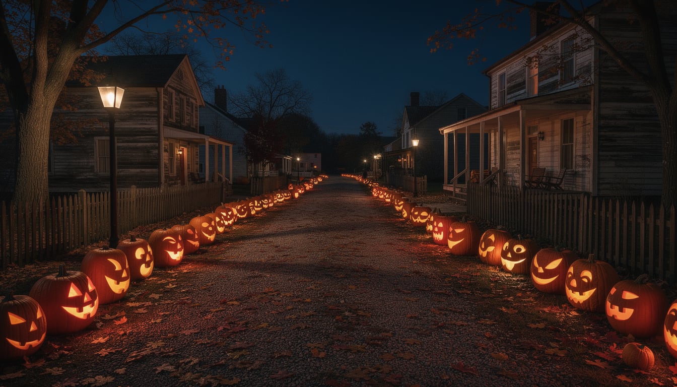 Illustration: Hundreds of glowing carved pumpkins lining a gravel path through a historic 19th-century village at night