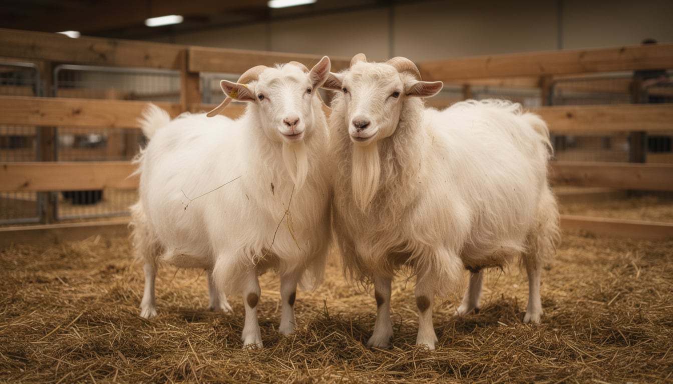 Illustration: Two fluffy white Angora goats standing in a straw-filled show pen inside a large exhibition hall