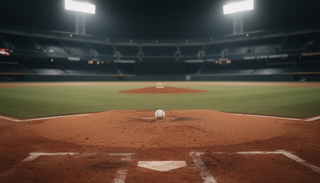 Illustration: Empty baseball stadium infield at night under bright floodlights