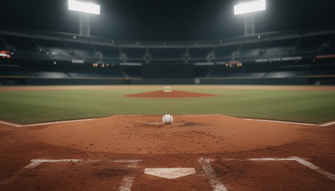 Illustration: Empty baseball stadium infield at night under bright floodlights