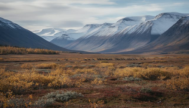Illustration: Wide alpine tundra valley in the Yukon in early October with golden shrubs